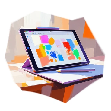 A digital tablet is positioned on a wooden table, showcasing a colorful illustration process. The screen displays multiple layers, each representing different design elements. Bright hues of blue, red, yellow, and green fill the illustration, with some layers featuring intricate patterns and textures. The tablet's stylus rests beside it, hinting at the ongoing creative process, while the soft light casts gentle shadows across the table's surface.