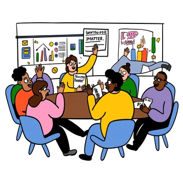 A lively community meeting is taking place in a bright room filled with people of diverse backgrounds. Several individuals are seated around a large table, engaged in animated discussion. A light-skinned woman with big eyes and brown hair is passionately speaking, holding up a document titled "Fifth Amendment." A dark-skinned man with big eyes and short hair is listening intently, taking notes on a notepad. In the background, a light-skinned man with glasses is displaying a poster that reads "Civil Rights Matter." Various colorful charts and graphs are visible, emphasizing the importance of civil rights. The atmosphere conveys a sense of collaboration and engagement in the topic.