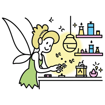 A fairy with delicate wings, wearing a green dress and a matching headband, is focused on a table filled with assorted magical gadgets. The workshop features wooden shelves lined with colorful potions and tools, with warm light emanating from a hanging lantern. Tinkerbell is carefully adjusting a small, glowing device with her hands, surrounded by scattered sparkles and tiny, twinkling lights. A few butterflies flutter around her, adding to the enchanted atmosphere of the cozy space.
