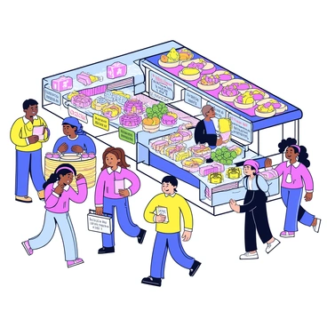 A bustling market scene filled with various vendors and colorful stalls. Each stall displays a variety of items such as fruits, vegetables, and handmade crafts. Signs and labels are visible in different languages, showcasing the items for sale. People of diverse backgrounds walk through the market, some stopping to browse, while others engage in conversation. The atmosphere is lively, with items neatly arranged and vibrant colors dominating the scene.