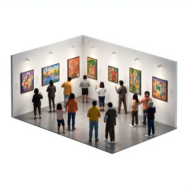 An art exhibition hall filled with colorful paintings and illustrations displayed on white walls. The artworks include a variety of styles, showcasing vibrant colors and intricate designs. Groups of visitors, diverse in age and ethnicity, are standing in front of different pieces, pointing and discussing the artworks. Some visitors are taking photos, while others are jotting down notes in notebooks. The lighting in the hall is bright, highlighting the details of the illustrations on display. There are informational placards next to each piece providing details about the artists and their works.