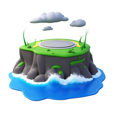 A helicopter pad situated prominently on a rocky, windswept island. The pad is circular and made of gray concrete, with bright yellow markings indicating the takeoff area. Strong winds whip through the scene, causing the nearby vegetation, including hardy grasses and small shrubs, to lean at sharp angles. In the foreground, waves crash powerfully against the rocky shoreline, sending up white spray as the water hits the cliffs. The sky is overcast, adding a dramatic atmosphere to the scene, with dark clouds gathering above.