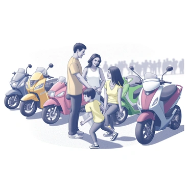 A family is gathered at an event. The parents are smiling as they observe their two children playing nearby. The children are engaged in an activity, perhaps running or laughing, while colorful motorcycles are parked in an array around them. The motorcycles have various designs and features, showcasing their vibrant aesthetics. The setting has a lively atmosphere, likely filled with other families and participants enjoying the festivities.
