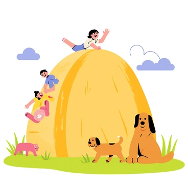 A large haystack positioned in a sunny field is surrounded by vibrant green grass. Children of various ages are climbing up and sliding down the haystack, with smiles on their faces. One child is perched at the top, waving joyfully, while another is rolling down the side. Nearby, a friendly brown farm dog with floppy ears is sitting patiently, watching the children play. The dog's tail is wagging, and it looks content. In the background, there are a few farm animals grazing, and a clear blue sky overhead with fluffy white clouds.