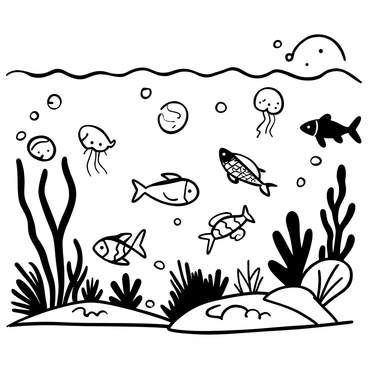 An underwater scene showing distinct ocean currents flowing in various directions, creating a dynamic movement in the water. Different types of marine life, including fish, jellyfish, and sea turtles, are swimming gracefully through the currents. Coral reefs and seaweed can be seen in the background, providing habitat for the marine creatures. Bubbles rise to the surface, enhancing the underwater atmosphere of the scene.
