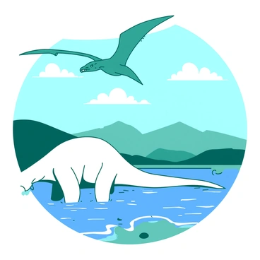 A teal pterosaur with outstretched wings is soaring gracefully above a large lake. Below, a colossal white spinosaurus is standing on the shore, partially submerged in the water. The spinosaurus has its mouth slightly open, revealing sharp teeth, as it watches the sky. The lake reflects the bright blue sky dotted with a few fluffy white clouds. In the background, there are distant hills enhancing the natural scenery surrounding the lake.