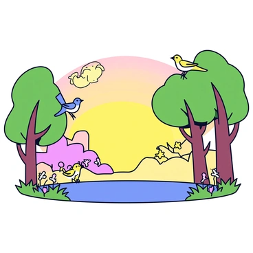 A forest clearing illuminated by the warm light of a rising sun. Various birds are perched on branches, singing with their beaks open. The trees surrounding the clearing have lush green leaves, and the sky is painted in soft hues of orange and pink. Some wildflowers are blooming at the edge of the clearing, adding splashes of color to the scene. The overall atmosphere is peaceful and vibrant, capturing the essence of a new day beginning.