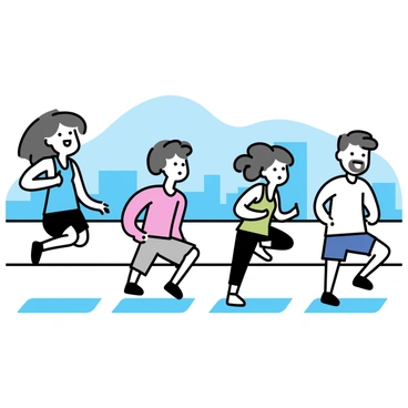A group of four friends performing burpees on a rooftop. The first friend, a woman with long brown hair, is mid-jump, wearing a blue tank top and black shorts. The second friend, a man with short black hair, is positioned in a push-up stance, dressed in a red shirt and gray sweatpants. The third friend, a woman with curly hair, is in the air, wearing a green sports bra and black leggings. The fourth friend, a man with a beard, is preparing for his jump, dressed in a white tank top and navy blue shorts. The city skyline is visible in the distance, showcasing tall buildings and a clear blue sky.