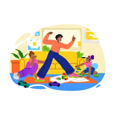 A parent performing glute bridges on a colorful exercise mat in a living room. The parent is wearing comfortable workout clothes and is focused on their exercise. Two children are playing nearby, one is building with colorful blocks while the other is drawing with crayons on a large piece of paper. There are toy cars scattered on the floor, and a sunny window allows light to fill the room, creating a lively atmosphere.