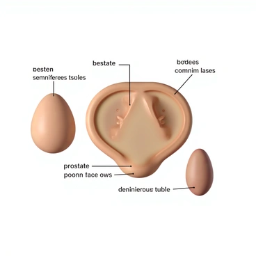 A detailed illustration of the male reproductive system. Central to the image is the structure of the "testes," depicted with an emphasis on their oval shape and texture, showing both the exterior and the internal structure, including seminiferous tubules. Adjacent to the testes, the image includes a clear representation of the "prostate," highlighting its location and size in relation to surrounding organs. Each component is labeled for clarity, with a color gradient that enhances visibility of the various parts. The overall composition provides a comprehensive view of the male reproductive anatomy, focusing particularly on these key structures.