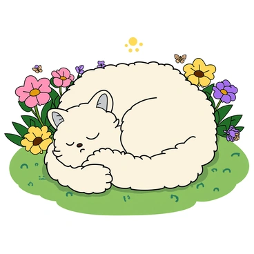 A fluffy Persian cat with long, soft fur and a white coat is curled up peacefully, taking a nap. The cat has a round face with large, expressive blue eyes closed in sleep. Surrounding the cat are vibrant, blooming flowers in various colors, including pink, yellow, and purple. The garden is lush with green grass, and the sun shines gently, casting soft shadows around. A few delicate butterflies flutter nearby, adding to the serene atmosphere of the garden.