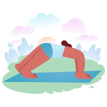 A person is performing a side plank on a yoga mat spread out on lush green grass. The individual is in a strong side plank position, with one arm supporting their body and the other arm reaching upward. The sky behind them is transitioning from deep blue to soft pastel hues of pink and orange as the sun begins to rise. Gentle rays of sunlight are illuminating the scene, casting a warm glow over the landscape. In the background, silhouettes of trees outline the horizon against the pastel sky.