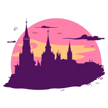 The Moscow Kremlin is presented as a dark silhouette against a vibrant sky filled with shades of orange and pink from the setting sun. The iconic towers and domes of the Kremlin are sharply defined in the foreground, standing tall and intricate against the colorful backdrop. Wispy clouds catch the light of the fiery sunset, adding depth to the scene. The overall composition emphasizes the grandeur of the Kremlin while highlighting the dramatic sky behind it.