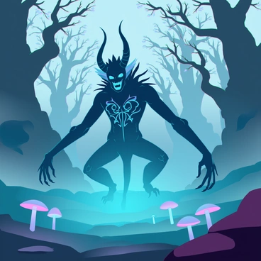 A mythical creature with dark, gothic features is emerging from a dense, enchanted fog in a misty valley. The creature has elongated limbs, sharp claws, and intricate patterns etched into its iridescent skin, reflecting the dim light. Its eyes are large and piercing, glowing with an otherworldly hue. The surrounding valley is shrouded in thick fog, with twisted, ancient trees looming in the background. The ground is covered in soft moss and faintly glowing mushrooms, adding to the mystical atmosphere.