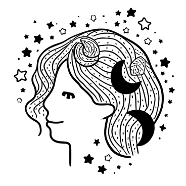 A black-and-white illustration of a human face composed of intricate patterns and swirling lines. The background features various stars and crescent moons, seamlessly integrated into the hair, creating a celestial theme. The stars vary in size, some scattered randomly, while others are clustered closely together. The moons have detailed textures, enhancing their presence in the composition.
