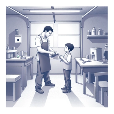 A father and son are engaged in a hands-on learning session in a garage filled with vintage tools and woodworking projects. The father, wearing a work apron, demonstrates how to hold a hand saw, while the son watches attentively, holding a piece of wood. The garage is cluttered with various equipment such as an old workbench, a set of chisels, and a jar of screws. Wooden projects, including a partially constructed birdhouse and a simple chair, are scattered around the space. Light streams through a small window, illuminating the dust particles in the air and casting shadows on the floor.
