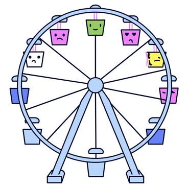 A large Ferris wheel with a metallic frame, turning slowly. Each cabin of the wheel is designed to resemble a different colored feedback emoji. The emojis include a smiling face, a frowning face, and a face with heart eyes, all prominently displayed on each cabin. The structure of the Ferris wheel is supported by strong beams, and the background features a clear blue sky.