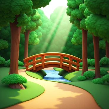 A scenic bike trail winding through a dense green forest, surrounded by tall trees with lush foliage. The path is dirt, with patches of soft grass along the sides. In the middle of the trail, there is a quaint wooden bridge, with sturdy planks and railings. The bridge arches gently over a small, clear stream, reflecting the sunlight. Sunbeams filter through the leaves, creating playful patterns on the ground.