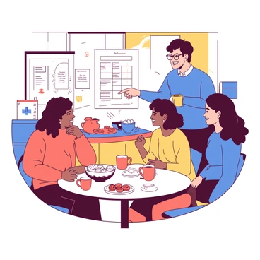 A group of diverse individuals is gathered in a cozy community center for a neighborhood watch meeting. Two women are sitting at a round table, one with short brown hair and the other with long black hair, both engaged in conversation while sipping from orange mugs. A man with glasses and a blue sweater is standing near a whiteboard, pointing at a safety chart while smiling. In the background, a small table is set up with an assortment of refreshments, including a white plate filled with cookies and a bowl of red fruit. The room is well-lit, creating a warm and inviting atmosphere as everyone shares ideas and discusses safety measures.