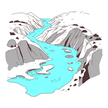 A duotone illustration features a winding river flowing through a varied landscape. The river's banks are shaped by significant erosion, displaying steep, uneven cliffs along its edges. Each curve of the river reveals areas of exposed soil and rock, showcasing the geological layers impacted by water flow. On one side of the river, there are gentle slopes covered with lush vegetation, contrasting with the eroded cliffs. Along the riverbank, there are visible sediment deposits creating small islands and bars within the water. The scene captures the dynamic relationship between the river and its surroundings, emphasizing the natural processes of erosion and sedimentation.