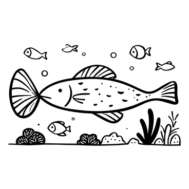 A halibut blended seamlessly into the textured ocean floor, its body resembling the sandy surface with various patterns. Small fish of different shapes and sizes swim playfully around the halibut, their bodies contrasting against the halibut's camouflage. The surrounding environment includes scattered rocks and patches of seaweed, enhancing the underwater scene. Light filters down from above, creating subtle shadows on the ocean floor.