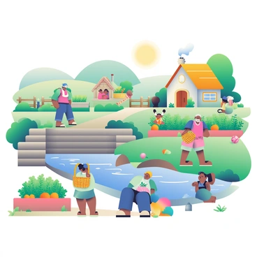 A quaint village is nestled beside a small dam surrounded by lush greenery. The dam is made of smooth stones and gently holds back a shimmering body of water reflecting the blue sky. Villagers are scattered throughout the scene, some walking along a dirt path lined with wildflowers, while others tend to vegetable gardens filled with vibrant greens and bright orange carrots. 

In the foreground, an elderly man with gray hair is seated on a wooden bench, chatting with a woman carrying a woven basket filled with fresh produce. Nearby, children are playing with a colorful ball, their laughter filling the air. In the background, a thatched-roof cottage with smoke curling from its chimney adds charm to the idyllic setting. The sun casts a warm glow across the village, enhancing the inviting atmosphere.