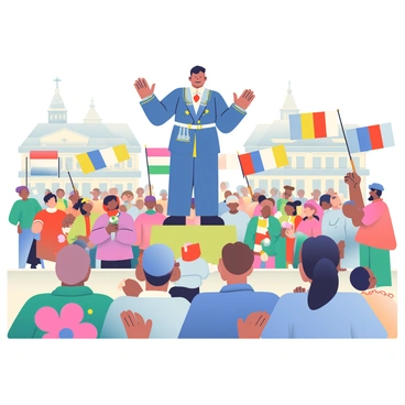 A historical leader with dark hair and wearing a formal military uniform is standing on a raised platform in a vibrant town square, passionately delivering a speech. The leader's arms are raised, emphasizing key points of the address. A diverse crowd of men, women, and children of various ethnicities is gathered around, listening intently. Some individuals hold flags representing different regions, waving them energetically. The town square is adorned with colorful banners and flowering plants, creating a lively atmosphere. In the background, historic buildings with ornate architecture frame the scene.