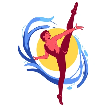 A red gymnast is showcasing extreme flexibility while performing an elegant pose. The gymnast is balanced on one leg, with the other leg extended high above the head, and arms gracefully positioned to enhance the pose. In the background, there are dynamic swirls of blue and yellow colors that create a vibrant, colorful backdrop. The light illuminates the gymnast's form, highlighting their muscular definition and the grace of their movement.