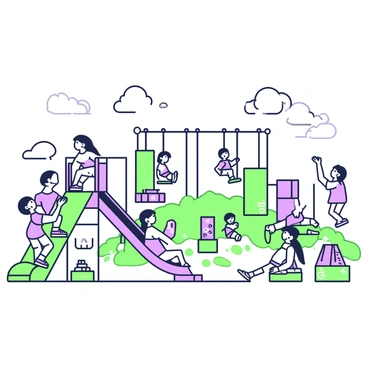 A playground bustling with activity, where "enzymes" and "substrates" are depicted as children playing joyfully. On the left, a group of children identified as "enzymes" are climbing a colorful slide, their expressions filled with excitement. Nearby, several "substrates" are taking turns on swings, their laughter echoing throughout the scene. In the background, a sandbox features smaller children, building with bright, oversized blocks labeled with different chemical symbols. A large structure resembling a molecular model stands tall in the center, creating an engaging environment for play. The sky above is clear, with a few fluffy clouds scattered about.