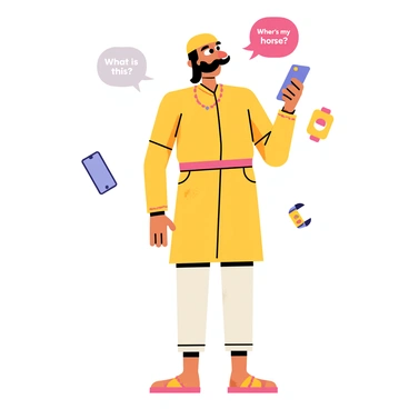 Gabbar Singh, a tall figure wearing a traditional outfit with a prominent mustache, stands in the center of the image. He holds a sleek smartphone in one hand, looking puzzled as he stares at the screen. His eyebrows are raised in confusion, and his mouth is slightly open in a comical expression. Around him, various modern gadgets like a tablet and a smartwatch are scattered. In the background, there are colorful, cartoon-style speech bubbles with humorous phrases like "What is this?" and "Where's my horse?" to enhance the comedic theme of the scene.