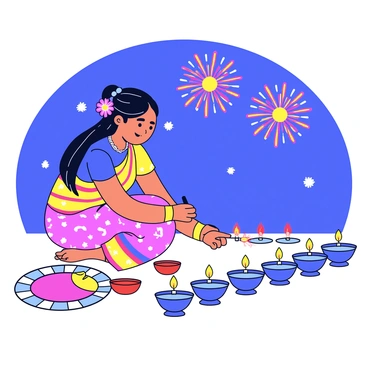 An Indian woman is kneeling on the ground, carefully lighting a row of small oil lamps, known as diyas, with a matchstick. She is wearing a colorful traditional saree, intricately patterned with vibrant designs. Her long hair is neatly tied back, adorned with fresh flowers. In the background, there are bright, colorful fireworks exploding in the night sky, illuminating the scene with bursts of red, blue, and gold. The ground is decorated with rangoli, a beautiful pattern made from colored powders, surrounding the oil lamps.