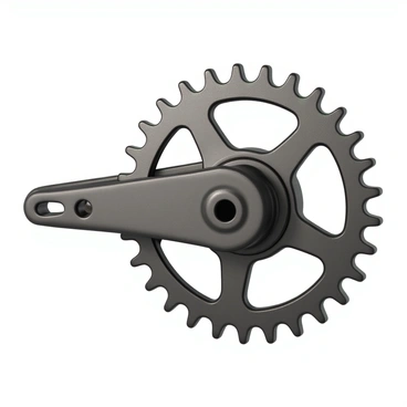 A close-up view of a bicycle chain and sprocket in motion. The chain is composed of shiny metal links, reflecting light as it moves. The sprocket shows detailed gear teeth that grip the chain tightly, with some dirt and grease visible, indicating use. The background is slightly blurred to emphasize the dynamic motion of the chain and sprocket system, highlighting the intricacies of their mechanics.