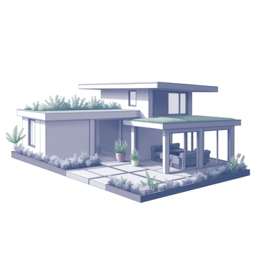 A modern home with a flat roof featuring a lush garden. The structure is characterized by large, expansive windows that allow ample natural light to fill the interior spaces. The walls have a sleek, minimalist design, emphasizing functionality and sustainability. Surrounding the house, there are various plants and flowers thriving in the garden, contributing to the eco-friendly atmosphere. The overall composition highlights the harmony between nature and modern architecture.