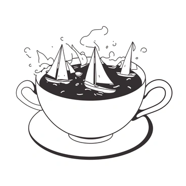 A white giant teacup is filled with a stormy sea of swirling tea. Tiny sailboats are navigating through the waves, struggling against the turbulent surface. The teacup is placed on a saucer, with the edges of the saucer barely visible. The sailboats are colored in a contrasting shade, their sails flapping wildly in the wind. The tea inside the cup is dark and frothy, with splashes rising up as the boats tilt.