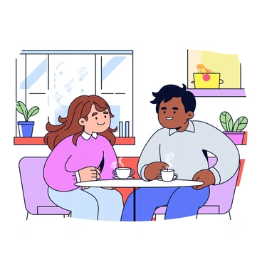 A couple sitting at a small table in a cozy cafe. The woman has long, wavy brown hair and is wearing a soft pink sweater. The man has short, tousled black hair and is dressed in a light gray shirt. They are looking into each other's eyes, sharing a meaningful glance. A cup of steaming coffee sits on the table between them. The walls of the cafe are decorated with warm-toned artwork and there are small potted plants on the window sill. Soft, ambient light fills the space, creating an inviting atmosphere.