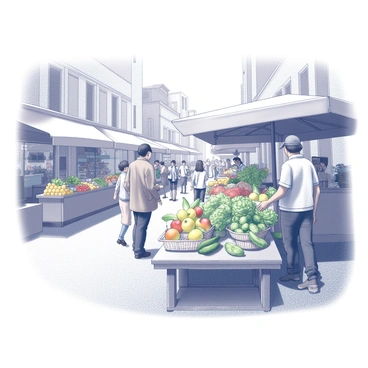 A street market filled with vendors and customers. Stalls are lined up along the pathway, displaying a variety of fresh produce. Brightly colored fruits such as apples, oranges, and bananas are piled high in baskets. Nearby, a vendor is arranging vibrant green vegetables, including lettuce, cucumbers, and peppers, on a wooden table. Shoppers are interacting with the vendors, examining the goods and making purchases. The atmosphere is lively, with people walking between the stalls, some carrying bags filled with groceries. The sun casts shadows across the scene, highlighting the abundance of food available.