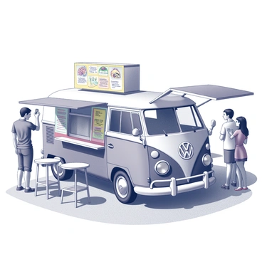 A vintage Volkswagen bus modified into a street food vendor. The bus is parked on a bustling street, with the side panel completely opened to reveal a taco serving window. Colorful menu boards display various taco options, featuring playful illustrations. A small outdoor seating area with a few tables and chairs is set up beside the bus. The surrounding environment is lively, with people enjoying tacos, while some are taking photos of the unique food truck. The atmosphere captures the vibrant and energetic feel of a street food market.