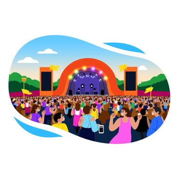 A vibrant outdoor music festival scene featuring a large stage adorned with colorful lights. The stage is equipped with speakers and musical instruments, indicating a live performance is taking place. The crowd of enthusiastic fans is gathered in front of the stage, waving their arms and dancing. People of various ages and styles are present, some holding drinks and others wearing festival attire. Bright banners and flags flutter in the background, adding to the festive atmosphere. The sky is clear with a hint of sunset, casting a warm glow over the event.