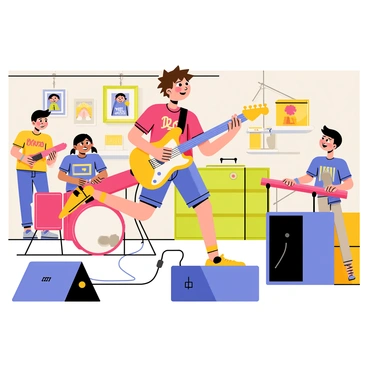 A cartoon boy with spiky brown hair is playing an electric guitar energetically on a small stage in a garage. He is wearing a bright red t-shirt and denim shorts. His foot is tapping on a pedal while his other foot is resting on a monitor speaker. Surrounding him are three bandmates: a girl on drums with pigtails, a boy playing a keyboard, and another boy holding a microphone. Colorful posters of bands decorate the garage walls, and there are stacks of amplifiers in the background. The atmosphere is lively and filled with movement.
