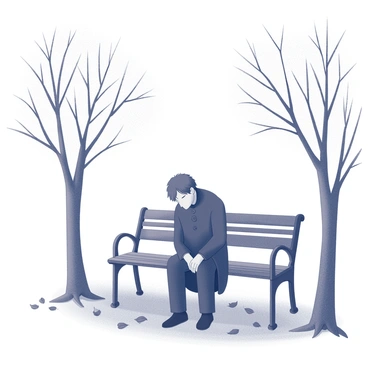 A solitary figure dressed in dark clothing sits on a park bench. The person has their head bowed slightly, conveying a sense of introspection. Surrounding the bench are leafless trees, their branches reaching upward into the cloudy sky. The ground is covered in a layer of fallen leaves, scattered around the base of the bench. The atmosphere is quiet and still, emphasizing the figure's solitude.