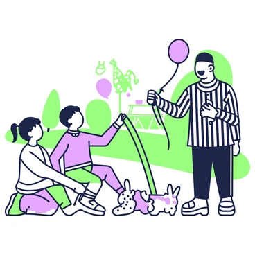 A mime stands in a park, surrounded by children watching eagerly. The mime is dressed in black and white striped clothing, with a black beret perched atop his head. He is twisting a long green balloon into the shape of a dog, with his focused expression conveying a sense of joy and creativity. Nearby, a few other colorful balloons in the shapes of a giraffe and a rabbit are already completed, resting on the ground. Children are gathered around, with smiles on their faces, as they anticipate their own balloon creations. In the background, there are trees and a picnic area, adding to the lively atmosphere of the park.