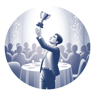 An individual stands confidently while holding a trophy high in the air. The person is dressed in elegant formal attire, symbolizing the significance of the event. A bright spotlight illuminates the scene, casting a dramatic glow on the recipient, drawing attention to their expression of pride and accomplishment. The background features a blurred audience, adding depth and context to the gala atmosphere with shimmering decorations and elegant table settings.