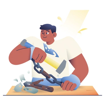 A person with medium skin and short black hair is striking a heavy, rusted chain with a large metal hammer. The chain is positioned on a sturdy wooden surface, and one link is visibly breaking apart from the force of the blow. The person is wearing a white shirt and protective gloves, showing determination on their face as they focus on the task. Light is shining from above, creating highlights on the hammer and chain, symbolizing the moment of liberation. Dust is flying around the area, adding to the intensity of the scene.