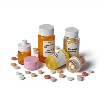 A collection of various medication bottles, each labeled with different names and dosages intended for treating heart failure. The bottles are made of glass and plastic, featuring child-proof caps. Some bottles are clear, while others are opaque with vibrant colors. Scattered around the bottles are an array of pills in different shapes and sizes, including round, oval, and capsule forms. The setting is a clean, well-lit table surface, allowing for clear visibility of each item in the composition.