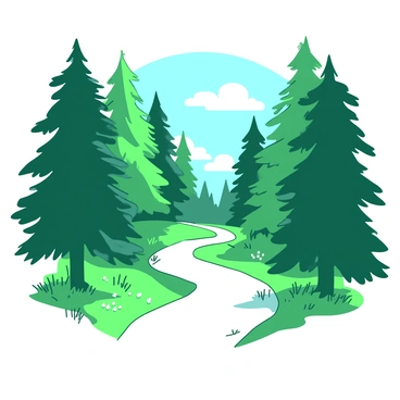 A duotone illustration featuring a white forest path winding through tall green pine trees. The sunlight filters through the branches, creating a pattern of light and shadow on the ground. The trees are thick and lush, reaching up towards the sky, while the path is soft and inviting, leading deeper into the forest. Various patches of grass and small wildflowers can be seen along the sides of the path, enhancing the natural beauty of the scene.