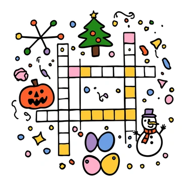A festive crossword puzzle with colorful, illustrated holiday symbols and decorations surrounding it. Each clue is represented by a distinct symbol, such as a "Christmas tree" with ornaments, a "pumpkin" for Halloween, a "snowman" with a scarf, and "Easter eggs" in pastel colors. The crossword grid is filled with vibrant colors, and the symbols are playfully integrated into the design, creating a joyful and celebratory atmosphere.