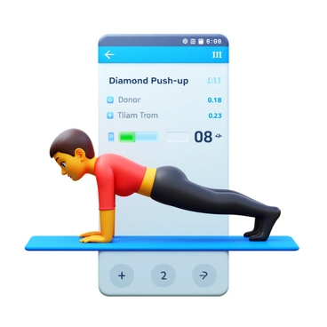 A digital illustration featuring a "diamond push-up" exercise. The exercise is depicted with a person in a plank position, hands positioned close together forming a diamond shape. The individual is wearing athletic clothing, showcasing a focused expression. The background is designed to resemble a fitness app interface, including a timer, exercise name "Diamond Push-Up," and rep count displayed prominently. There are subtle graphical elements like progress bars and calorie count to enhance the fitness application theme.