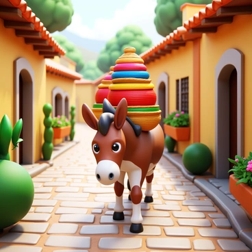 A donkey with a brown and white coat carries a stack of colorful woven baskets on its back. The narrow, winding village path is lined with cobblestones, leading through small, rustic houses with clay roofs and blooming flower boxes. Lush greenery and scattered stones embellish the sides of the path. Soft sunlight filters through the trees, casting gentle shadows on the ground. The donkey's ears are perked up, and it has a focused expression as it navigates the path.