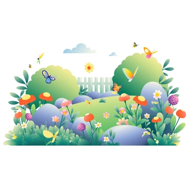 A vibrant garden is filled with a variety of nectar-rich flowers in full bloom. The flowers include orange marigolds, purple coneflowers, and yellow daisies, all swaying gently in the breeze. The garden is dotted with large, flat rocks that provide sunbathing spots for butterflies. Colorful butterflies, such as monarchs and swallowtails, are fluttering from flower to flower. In the background, there are lush green bushes and a small wooden fence, enhancing the charm of the scene. A few bees are also buzzing around, adding to the lively atmosphere. The sunlight bathes the entire garden in a warm, inviting glow.