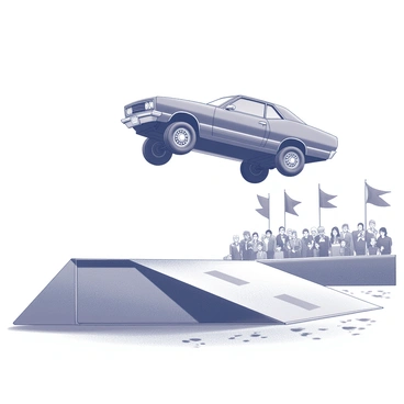 A stunt car is soaring through the air after launching off a ramp. The vehicle is depicted with its wheels off the ground, showcasing dynamic movement and excitement. Below the car, the ramp stands prominently, with an angle indicating upward motion. The background features an audience watching with expressions of awe and thrill. The setting includes flags and banners that suggest a festive atmosphere, and the ground is marked with tire tracks from previous performances.